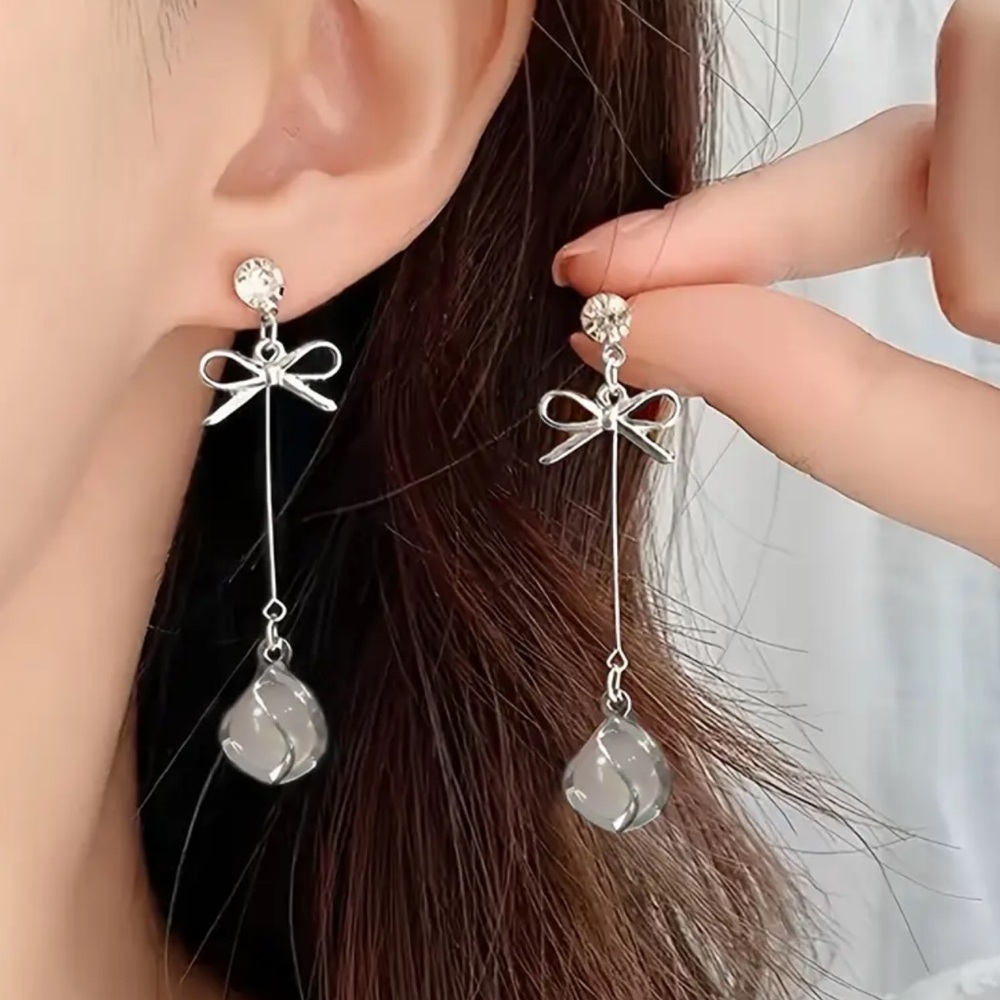 New! Elegant Silver Bow Drop Earrings  A5-167